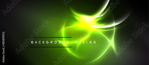 Abstract green background. Bright light radiates from center, creating dynamic visual effect. Dark edges frame glowing design elements.