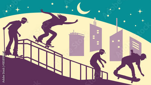 Dynamic Skateboarders Silhouette Performing Rail Grind Trick Against City Skyline at Night Youth Urban Lifestyle Illustration