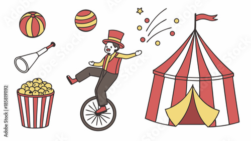 Fun Circus Show Elements Collection Clown Riding Unicycle Big Top Tent Popcorn Juggling Balls Vector Illustration Set