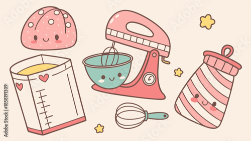 Pastel Pink Kawaii Baking Tools Illustration Cute Stand Mixer Measuring Cup and Oven Mitt for Sweet Dessert Shop Design