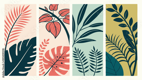 Abstract Tropical Leaves Vertical Banners Modern Boho Botanical Foliage Background Design for Web and Print