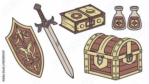 Medieval Fantasy RPG Game Assets Vector Illustration Set Adventure Loot Treasure Chest Sword Shield Magic Potion Book