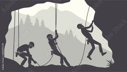 People Caving Rappelling Silhouette Adventure Travel Exploration Teamwork Challenge Journey