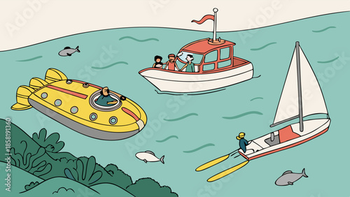 Diverse Water Transportation Illustration Submarine Motorboat and Sailboat Floating on the Ocean for Summer Travel and Adventure