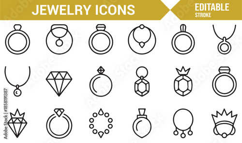 Wedding and engagement jewelry line icons