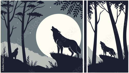 Majestic Wolf Silhouette Howling At Giant Full Moon In Dark Forest Wilderness Vector Illustration For Nature And Power Themes