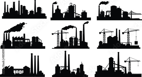 Factory icons, industrial building silhouettes, black outline structures, smokestack symbol, crane branding, piping concept, tank badge, production design