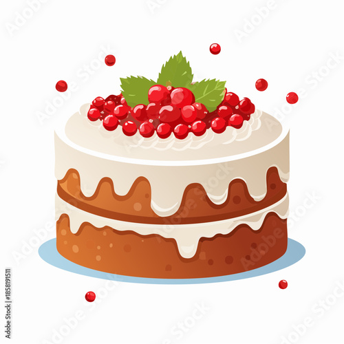 Cartoon style round cake with white icing and red berries on top, isolated on white background, perfect for bakery, pastry shop, or dessert menu designs