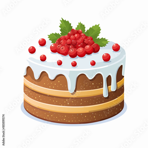 Cartoon style round cake with white icing and red berries on top, isolated on white background, perfect for bakery, pastry shop, or dessert menu designs