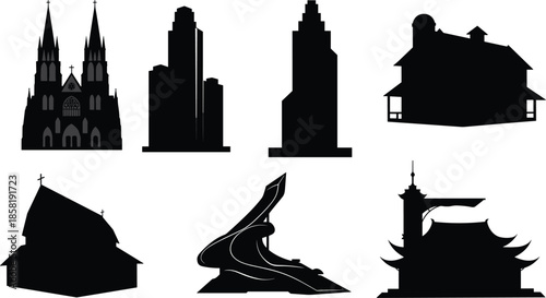 Global architecture icons, cultural building silhouettes, black outline structures, cathedral symbol, pagoda branding, modern concept, traditional badge, style diversity