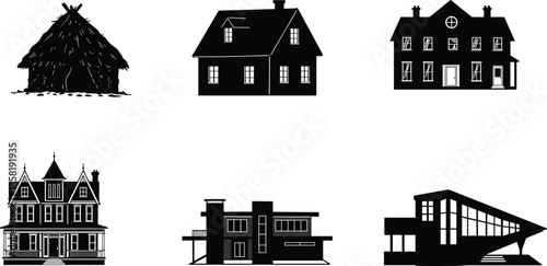 House evolution icons, residential silhouette set, black outline homes, hut symbol, colonial branding, modern concept, futuristic badge, style timeline