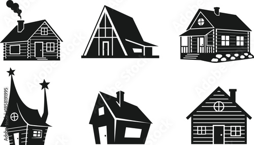 House icons, architectural silhouette set, black outline homes, log cabin symbol, fantasy branding, abstract concept, chimney badge, design variety