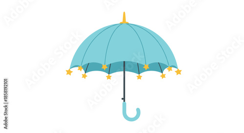 Beautiful blue umbrella decorated with hanging yellow stars around the edge on a plain white background for children.
