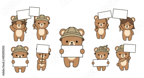 Collection of cute teddy bear characters wearing explorer hats and holding up blank white signs for text or messages.