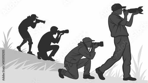 Professional Wildlife Photographers Team Shooting Pictures Outdoors with Telephoto Cameras in Nature