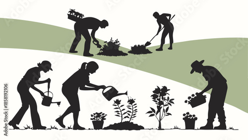 Volunteer Gardeners Planting and Watering Flowers Outdoors Community Service Teamwork for Environmental Sustainability Silhouette