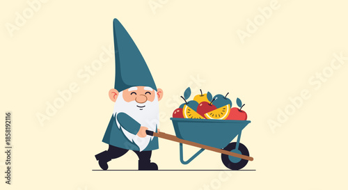 Happy garden gnome with a long white beard pushing a blue wheelbarrow filled with various colorful fruits and berries.