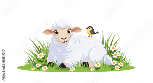 Fluffy white sheep resting peacefully in a green meadow with daisies and a small yellow bird perched on its back.