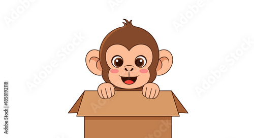 Cheerful brown monkey with large ears peeking out from an open cardboard box with a happy and curious expression.