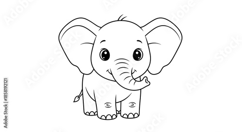 Simple and cute line art drawing of a baby elephant standing and looking forward with large ears on a white background.