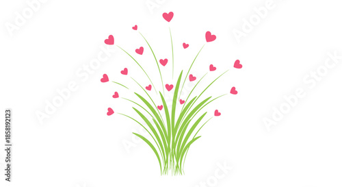 Delicate green grass stems with numerous small pink heart shaped flowers blooming together on a clean white background.