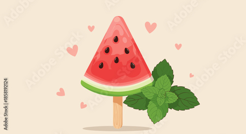 Refreshing watermelon slice shaped like a popsicle on a wooden stick with green mint leaves and tiny pink hearts.
