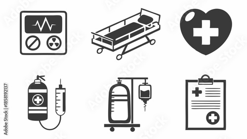 Monochrome Emergency Medical Equipment Icons Vector Set Critical Care Hospital Treatment UI UX Design Elements