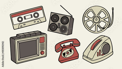 Old School Retro Media Devices Flat Design Illustration Set Vintage 80s 90s Technology Nostalgia Cassette Tape Rotary Phone and Television