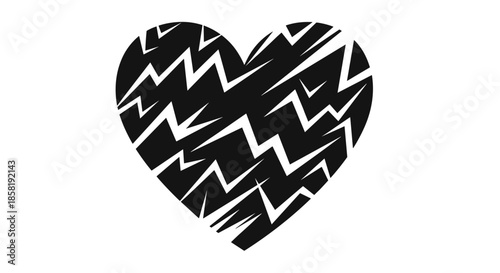 Striking black heart symbol filled with jagged white lightning bolt patterns on a plain white background illustration.