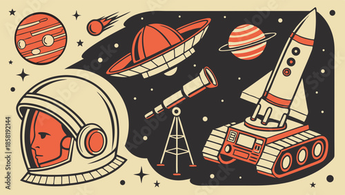 Mid Century Modern Space Exploration Graphic Design Astronaut Helmet Rocket Ship UFO Telescope Astronomy