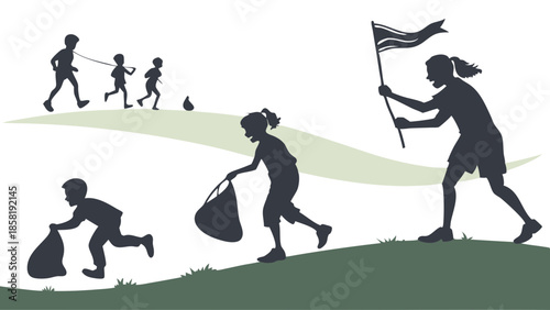 Silhouette of Adult Leader Guiding Children Team Uphill Carrying Bags Towards Goal Success and Mentorship Progress and Perseverance