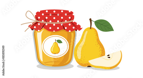 Jar of delicious pear jam with a red polka dot lid next to a fresh yellow pear and a slice on a white background.