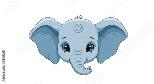 Close up illustration of a cute blue baby elephant head with large ears and a small star symbol on its forehead.