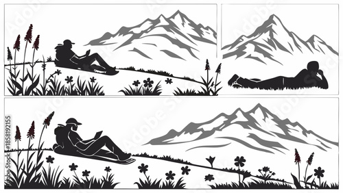 Outdoor Hiker Silhouette Resting Reading Book on Hillside Minimalist Mountain Landscape Vector Graphic Design