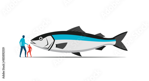 Large blue and white fish swimming towards a small silhouette of a father and child, creating a sense of wonder and vast scale.