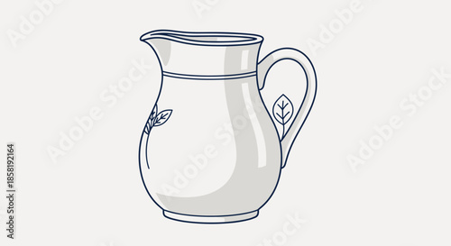 Classic white ceramic pitcher with simple leaf decorations on the handle and body, rendered in a clean line art style with shading.