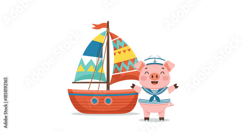 Cheerful cartoon pig dressed as a sailor standing beside a small wooden sailboat with colorful patterned sails on a white background.