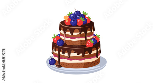 Delicious two-tier chocolate cake decorated with dripping glaze, fresh blueberries, and strawberries, served on a simple round plate.