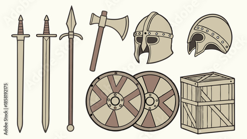 Viking Medieval Weapons Set Illustration Swords Shields Helmets Axe Spear Historical War Gear for Gaming Assets