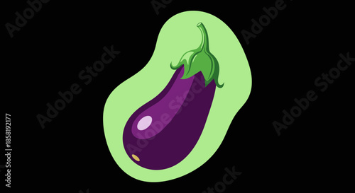 Vibrant cartoon illustration of a purple eggplant with a green stem, set against a soft green organic shape and a black background.