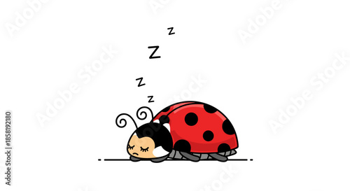 Tiny red ladybug with black spots sleeping soundly on a flat surface, accompanied by small zzz letters indicating deep rest.
