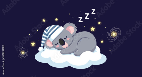 Adorable koala sleeping peacefully on a soft white cloud in a dark night sky filled with glowing stars and swirling galaxies.