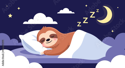 Peaceful cartoon sloth sleeping soundly in a cozy bed under a starry night sky with a crescent moon and fluffy white clouds.
