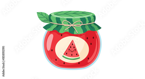 Sweet jar of watermelon jam featuring a colorful label with a smiling watermelon slice, topped with a green cloth and a small bow.