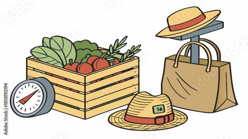 Rustic Farmers Market Setup Fresh Organic Produce Crate Weighing Scale and Straw Hats Local Retail Business Illustration