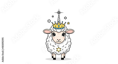 Majestic white sheep transformed into a unicorn with a spiraling horn and a golden crown, surrounded by small shining stars.