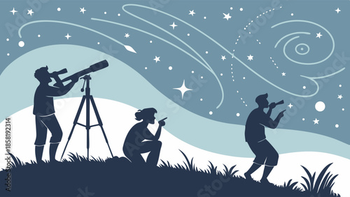 Stargazing Hobbyists Observing Night Sky With Telescope Silhouette Vector Illustration Science And Exploration