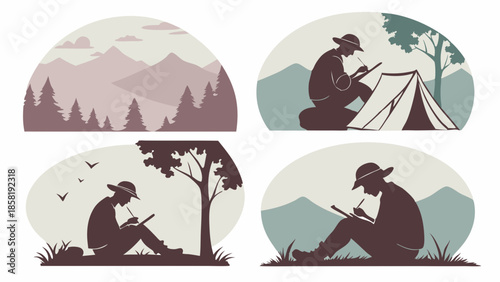 Solitary Man Writing Journal Outdoors Nature Adventure Travel Sketching Illustration Set