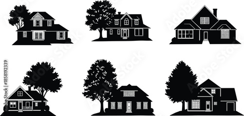 House icons, residential silhouette set, black outline homes, dormer symbol, porch branding, chimney concept, tree badge, architectural variety