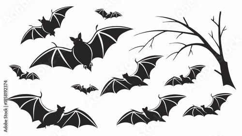 Spooky Flying Bats Swarm Silhouette with Dead Tree Branches Vector Illustration for Halloween Party Invitation and Web Design